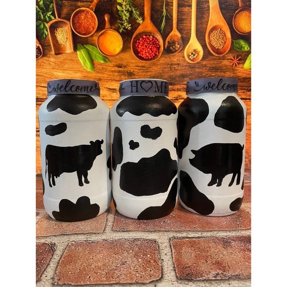 Hand painting  farmhouse Set of 3 glass jars painted with farm animals - Picture 1 of 10